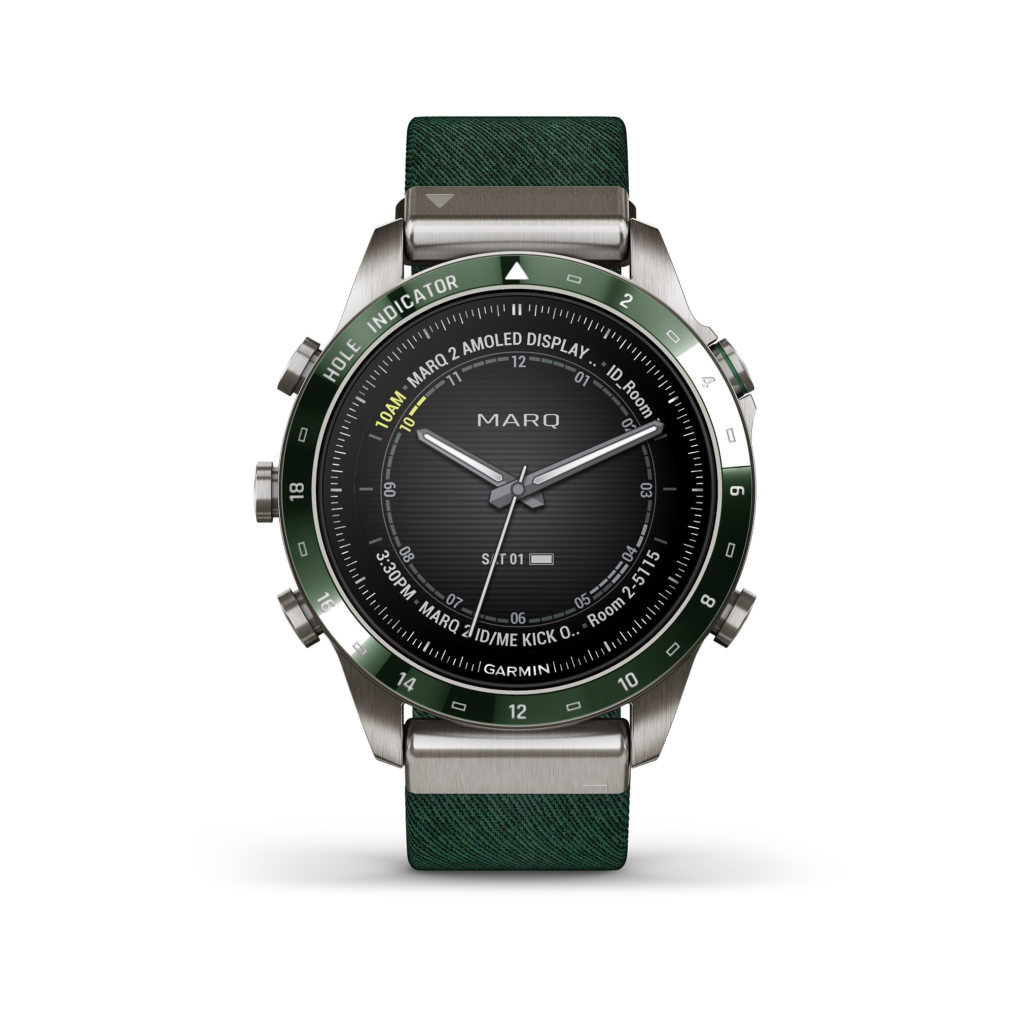 Garmin Marq Golfer Gen 2. met dennegroene jacquard geweven. nylon horlogeband