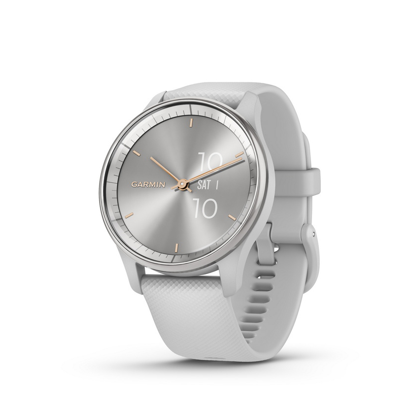 Zilverkleurige rand van roestvrij staal met Mist Grey behuizing en siliconen band