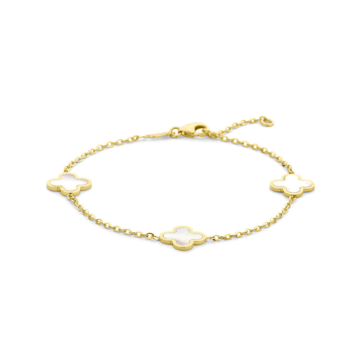 14k Geelgouden armband uitgevoerd met klavertjes 4 met parelmoer. De draaglengtes zijn 16 en 18cm. De klavertjes hebben een afmeting van 10x10mm. De schakelbreedte is 1,5mm. Uitgevoerd met een karabijnsluiting.