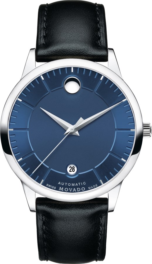 Movado 1881 Automatic Herenhorloge. Zwart lederen band en blauwe wijzerplaat.
Inclusief datumweergave.