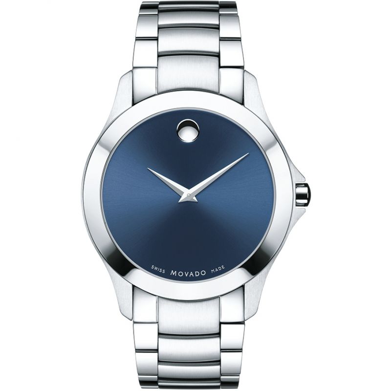 Movado Quartz Herenhorloge. Stalen band met mooie blauwe wijzerplaat.