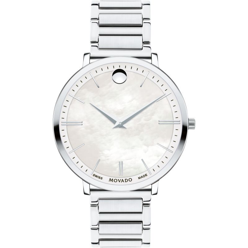 Movado Ultra Slim is a beautiful and attractive Ladies watch. Case is made out of Stainless Steel and the Mother of pearl dial gives the watch that unique look. This watch is market as water resistant. It means it can withstand slight splashes and rain, but is NOT to be immersed in water. We ship it with an original box and a guarantee from the manufacturer.