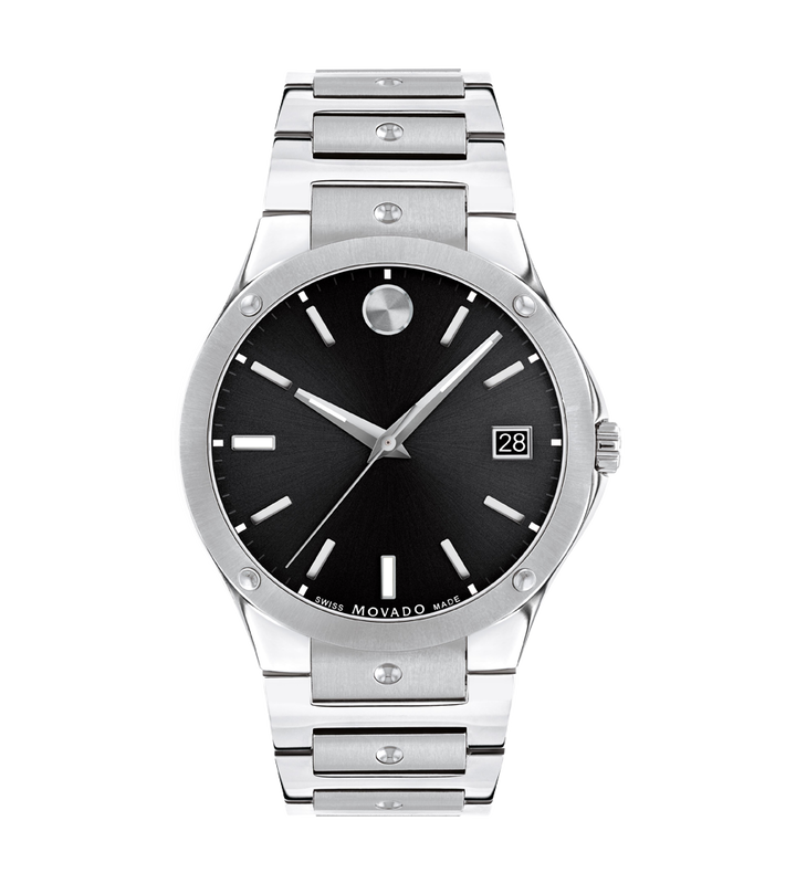 Movado, 41mm stainless steel kast en band. Zwarte wijzerplaat met datumweergave.