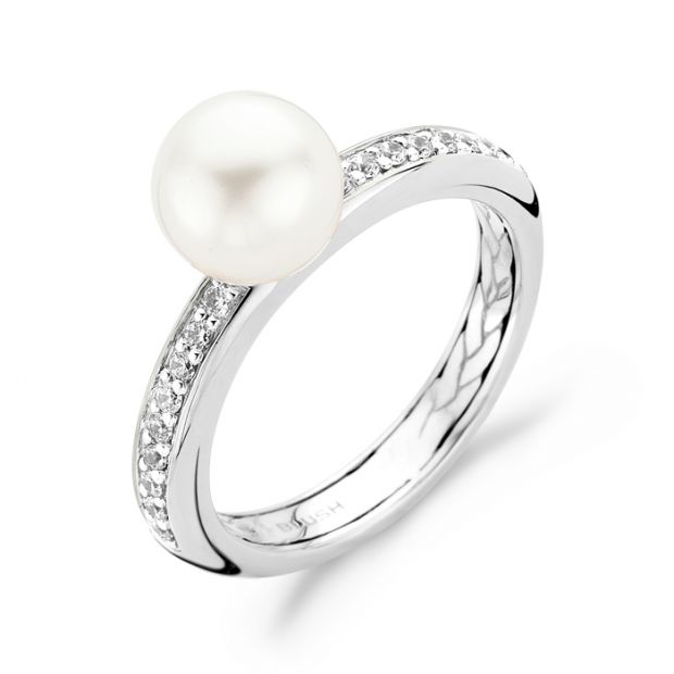 Blush - Wigouden damesring bezet met zirconia's en Swarovski imm.parel, maat 56 - 1037WPW/56