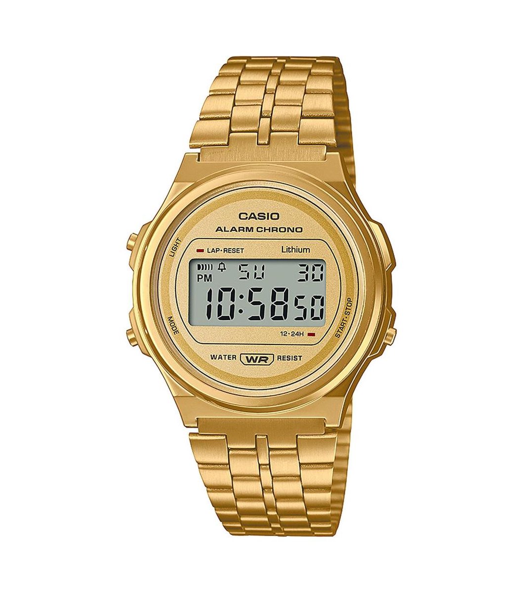 Met dit goudkleurige Vintage Iconic horloge van Casio voeg je een stijlvol accessoire toe aan elke dag. De horlogekast van de A171WEG-9AEF heeft een diameter van ongeveer 37 mm en draait op een kwalitatief Quartz uurwerk.