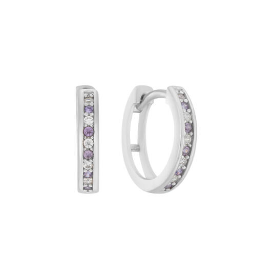 Zilveren oorringen met scharnier en zirconia 12mm. (paars-wit)