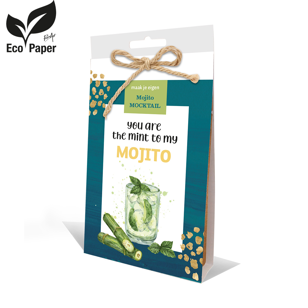 Mojito • Natural Gifts • Eco Dranken • Papier gemaakt van 100% plantafval • Inhoud: 2 x 10 gr. infusiezakje Mojito Mocktail (Zwarte thee, pepermuntblad (4%), stukjes limoen (5%), gesuikerde stukjes ananas, natuurlijk aroma, zonnebloembloesem, sinaasappelschil, stukjes appel) • Goed voor 2 karaffen mojito