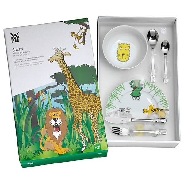 WNF 4 delig kinderbestek safari met bord en schaal; bij aankoop in de winkel wordt het bestek gratis gegraveerd met een naam terwijl u wacht!