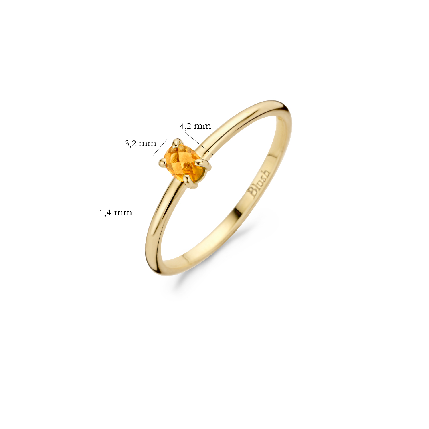 Een prachtige citrine natuursteen siert deze elegante ring van 14k geelgoud. De band is 1,4 mm breed en de steen een grootte van 3,2 mm bij 4,3 mm. Prachtig om op zichzelf gedragen te worden of met andere ringen uit onze collectie.