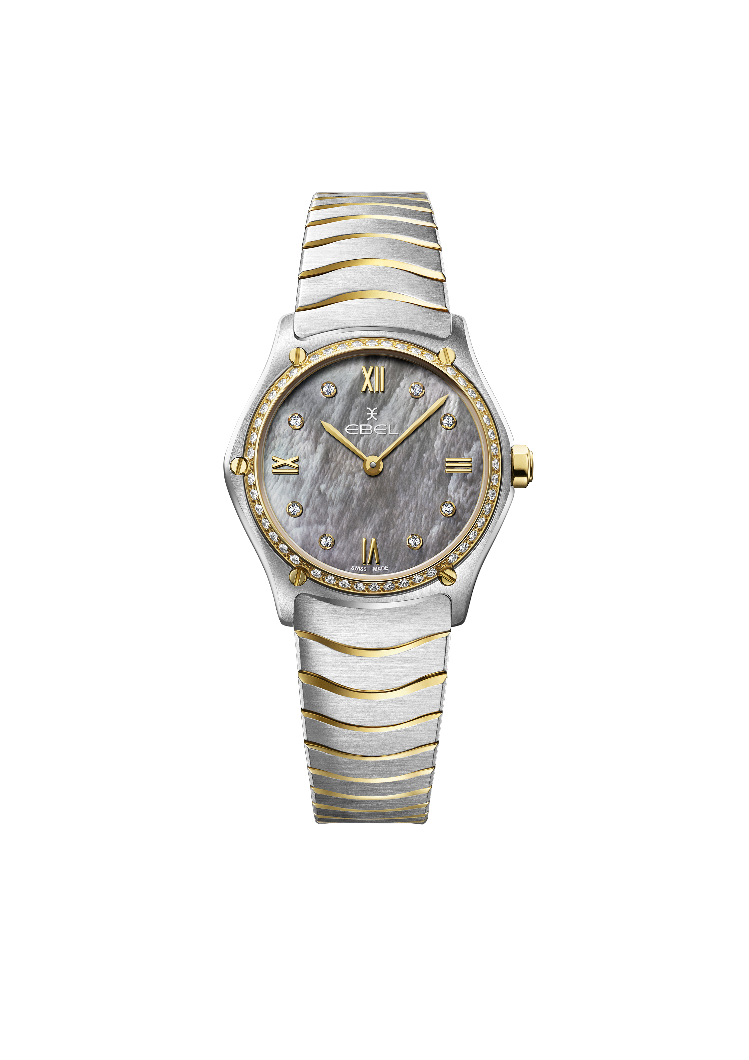 De EBEL Sport Classic Horloge modelnummer 1216643 combineert elegantie en verfijning. Kenmerken: roestvrijstalen kast en band, saffierglas, analoge aanduiding, parelmoeren wijzerplaat met diamanten indexen en 55 briljantgeslepen diamanten (0,358ct, G-kleur, VS1). Draag het voor formele gelegenheden of als elegant dagelijks accessoire. Deze Zwitserse uurwerkklassieker, zonder datumfunctie, straalt luxe uit.