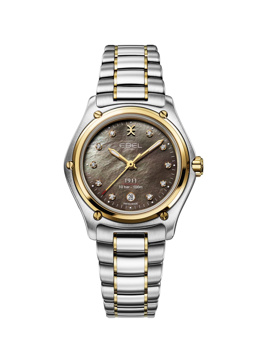 De Ebel 1911 1216660 is een luxe polshorloge met een elegant goud-staal ontwerp en een grijze parelmoer wijzerplaat met echte diamanten indexen. Voorzien van saffierglas en een Zwitserse quartz beweging. Waterbestendig tot 10 ATM. Perfect voor formele gelegenheden en zakelijke bijeenkomsten, waarbij het verfijnde ontwerp echt tot zijn recht komt.
