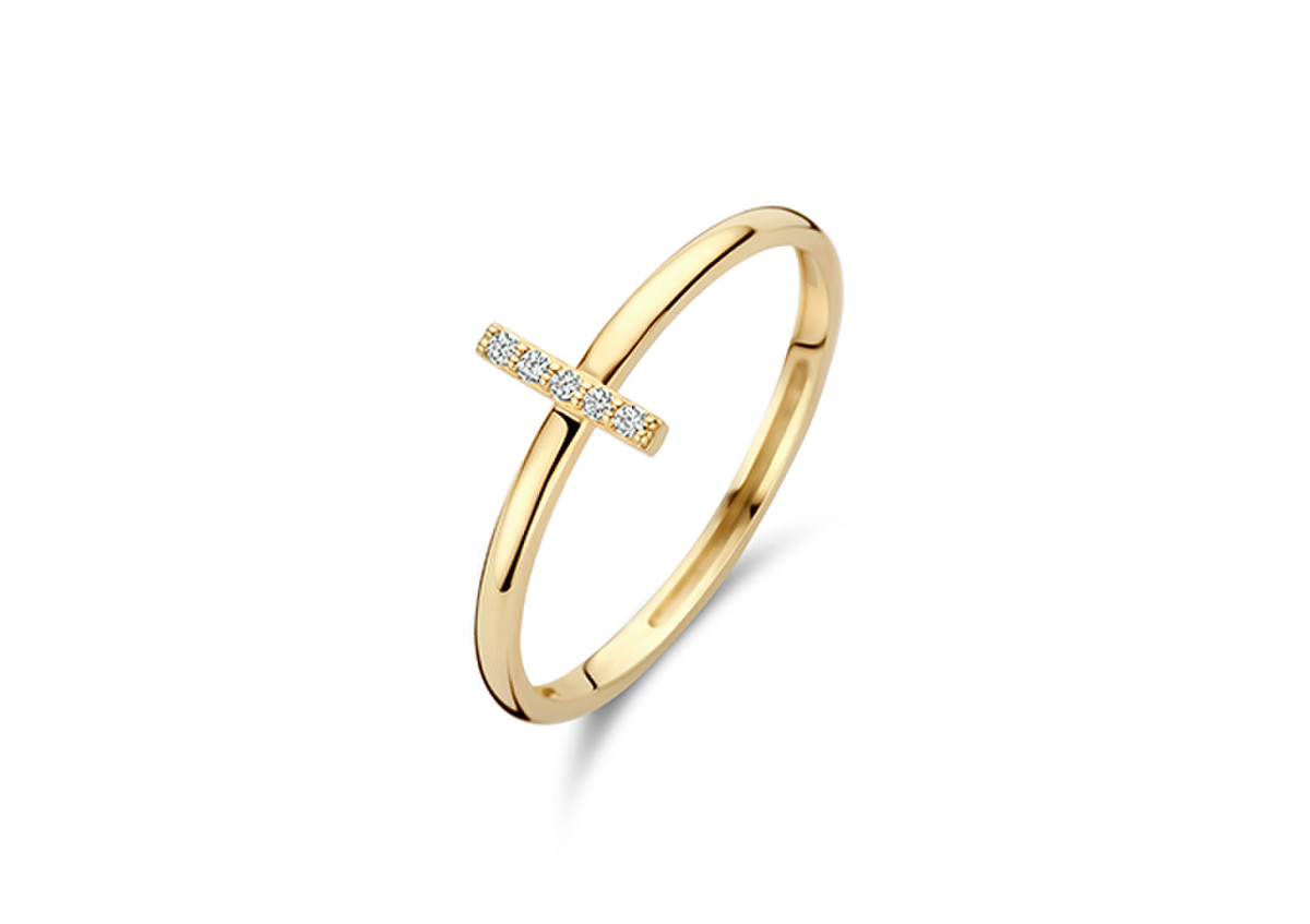 gouden Blush ring, dwarsbalkje+zirconias mt54