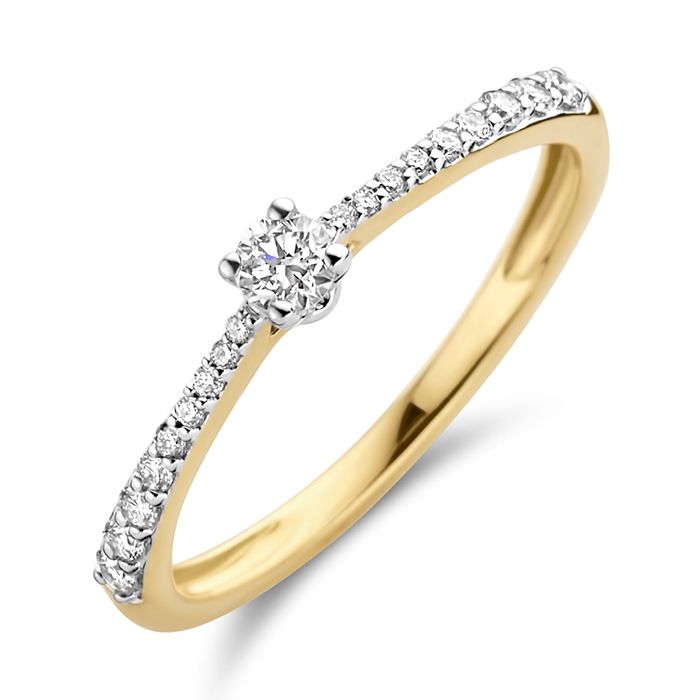 Deze ring van Louis Bros is vervaardigd uit 14 karaat bicolor en is gezet met 21 briljant geslepen diamanten met een totaalgewicht van 0.20ct. Deze adembenemende solitaire ring combineert de warmte van geel goud met de verfijning van wit rhodium. Het schitterende steentje in het midden trekt alle aandacht, terwijl de subtiele steentjes op de zij kanten een extra vleugje glans toevoegen. Deze ring straalt elegantie en tijdloze schoonheid uit. Een perfecte keuze om de liefde te vieren en een blijvende herinnering te creëren.
De ring is verkrijgbaar in meerdere afmetingen.

Verkrijgbaar vanaf 0,05crt .
Leverbare goudkleuren: 14/18kts geelgoud, 14/18kts witgoud, 14/18kts roségoud en alle bicolor combinaties.
