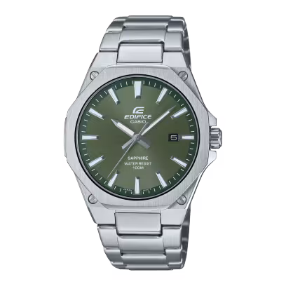 EDIFICE SLIM-serie met saffierkristal | Dit analoge model met drie wijzers heeft een dunne behuizing van 7,8 mm dik voor een betere pasvorm. Het horloge heeft een vlakke, achthoekige rand met een haarfijne afwerking voor een sportief én luxueus ontwerp. Een wijzerplaat met een nauwkeurige afwerking zorgt ook voor een luxueus gevoel. Met krasbestendig saffierkristal.