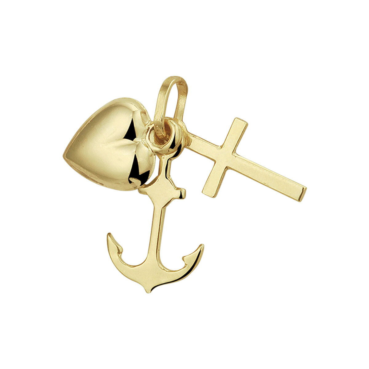 .Geelgouden geloof, hoop en liefde hanger. Met een hart van 8x7.5mm, een anker van 14x8mm en een kruis van 13.5x7mm.