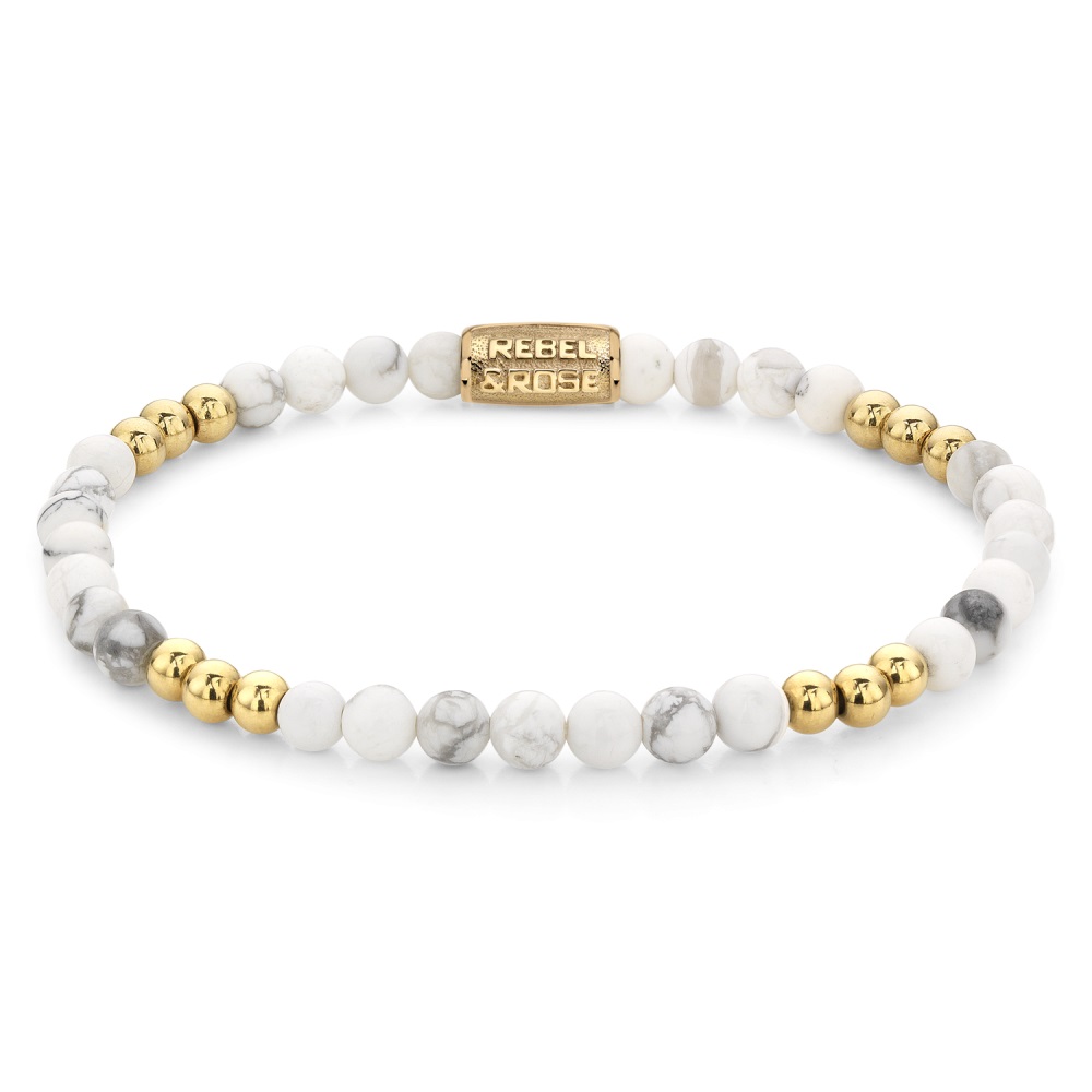 Rebel & Rose - Armband Virgin White Howliet en Gold plated balls 4mm, Small 16.5cm - RR-40110-G-S