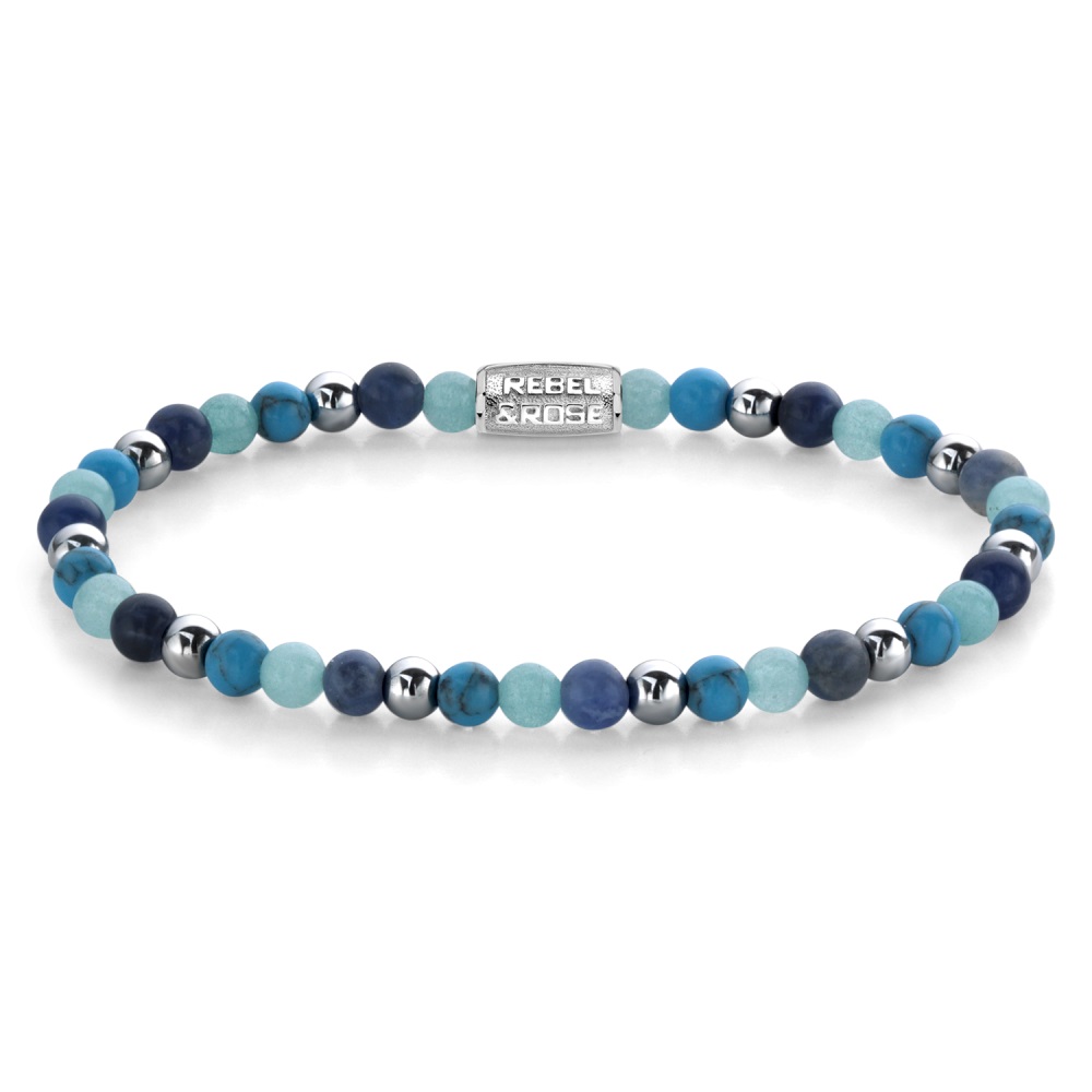 Rebel & Rose - Armband, Sodaliet Blauw, Hematiet Zilver, Turquoise en jade blauw, Blue summer Vibes, Small 4mm 16.5cm - RR-40054-S-S
