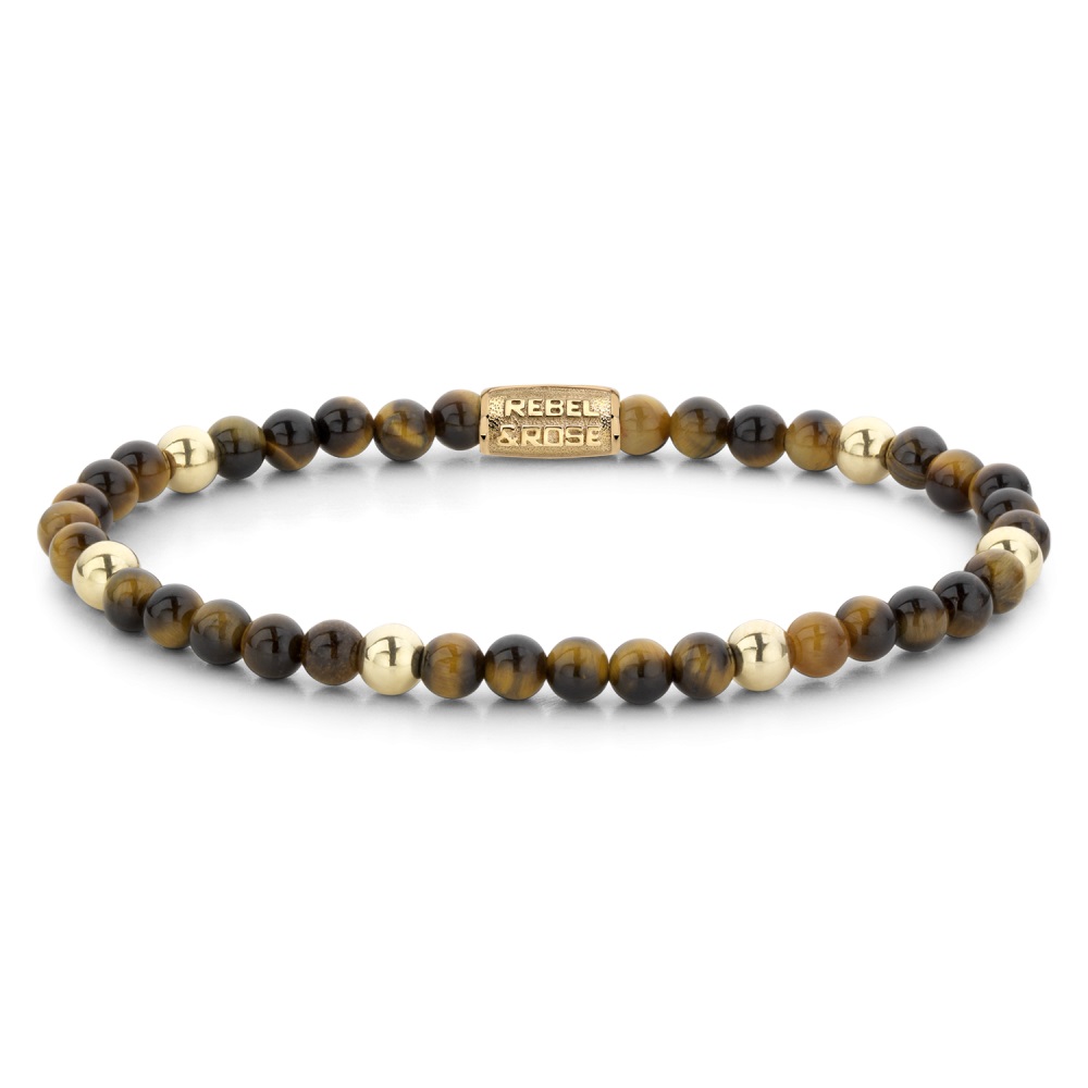 Rebe & Rose - Armband, Tijgeroog en Gold plated balls, Tiger Lily 4mm Small 16.5cm - RR-40045-G-S