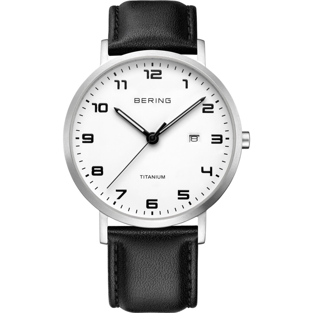 Bering horloge unisex, zwart lederen band. Titanium kast, witte wijzerplaat met datum