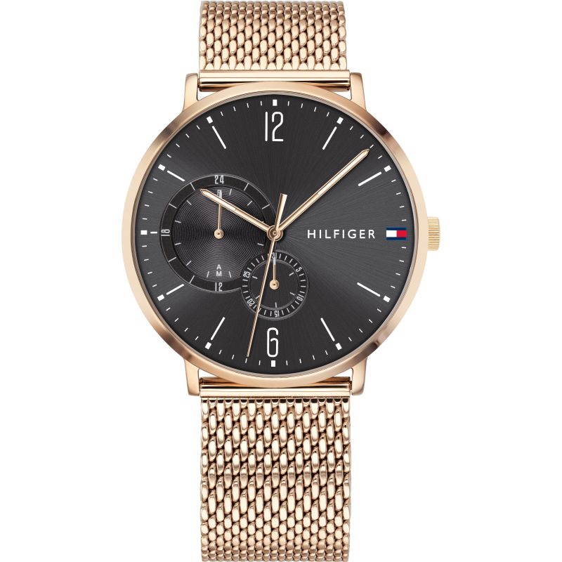 Elegant THOMMY HILFIGER horloge met zwaart wijzer plaat, rosegold milaness band.