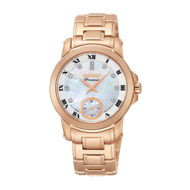 Dit mooie exclusieve Seiko SRKZ58P1 Premier dames horloge beschikt over een rosé gouden kleur kast van 31.4 mm en een rosé gouden kleurige (edel)stalen band. De kleur van de wijzerplaat is parelmoer bezet met 10 diamanten. Dit horloge heeft een waterdichtheid van 10 ATM.