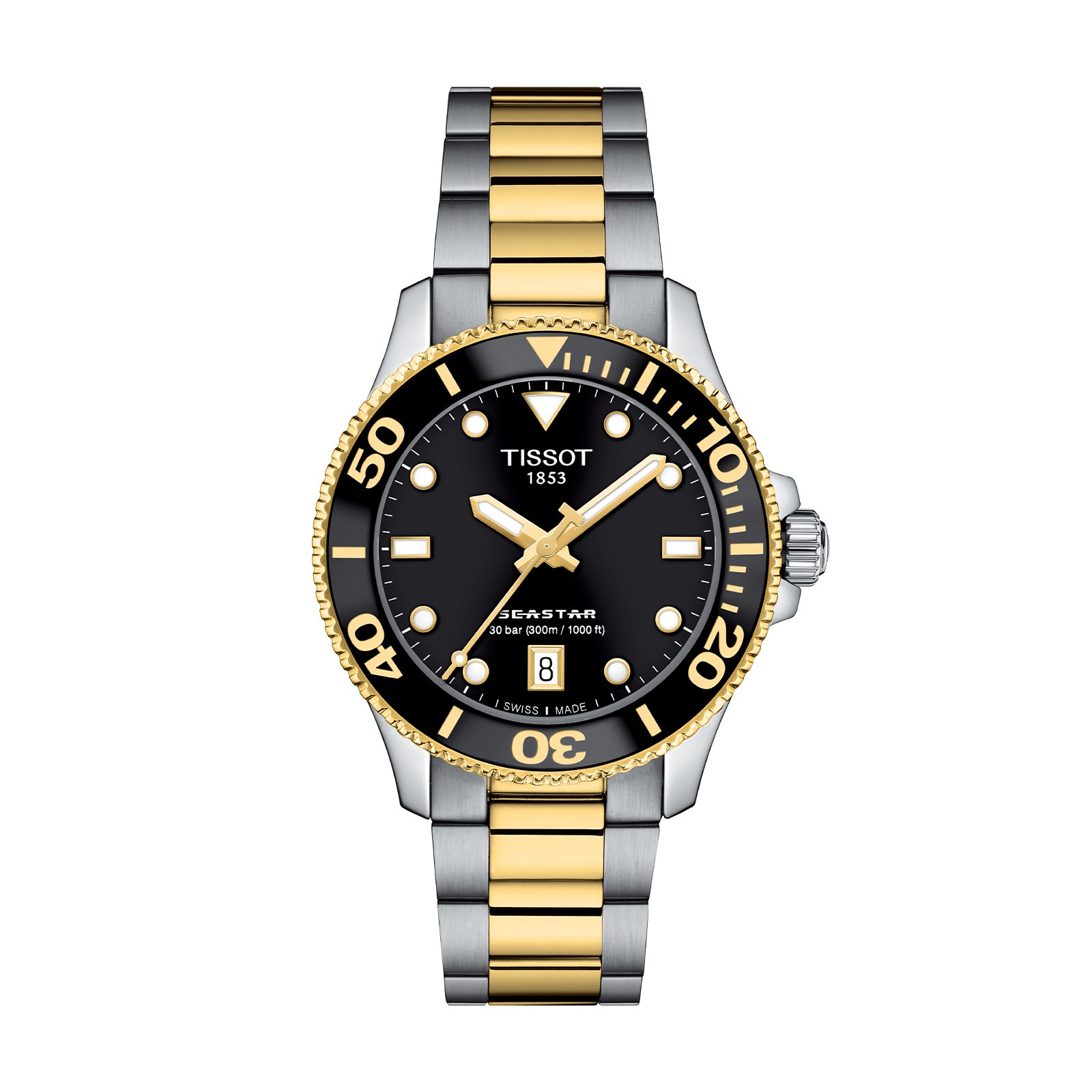 De Tissot Seastar 1000 is voorzien van een quartz kaliber 10 1/2'" uurwerk. De kast en band zijn gemaakt van roestvrijstaal. Het horloge heeft een diameter van 36 mm en is getest op een waterdichtheid tot 30 atm / 300 m. De bezel is uitgerust met een praktische tachymeter. De gouden wijzers en indexen zijn voorzien van Super-LumiNova®️ waardoor de zwarte wijzerplaat ook in het donker goed af te lezen is. Het horloge heeft een krasvrij saffierglas met antireflecterende coating.

