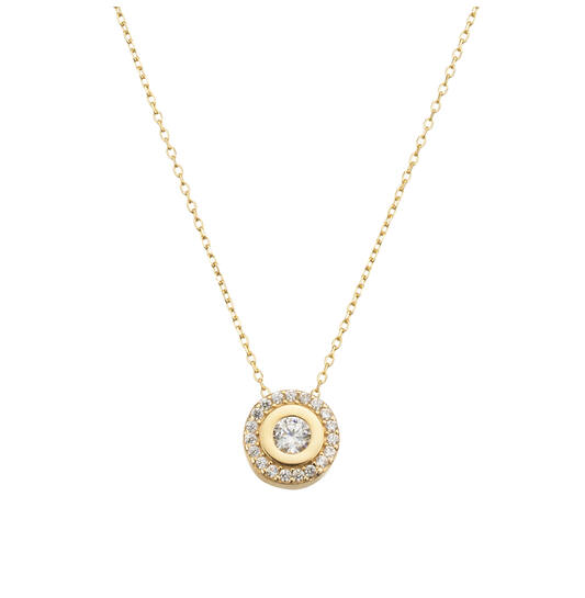 14kt. Gouden collier met entouragehanger met zirconia's, draaglengte 42 en 45cm.