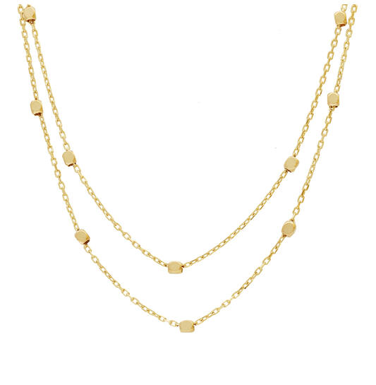 14kt. gouden dubbel collier met blokjes, draaglengte 45cm.