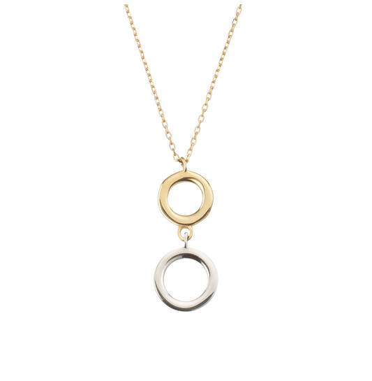 14kt. bicolor gouden collier met hanger met twee cirkels in twee kleuren goud, draaglengte 42 en 45cm.
