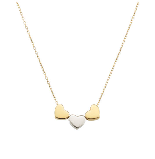 Gouden collier met 3 hartjes in drie verschillende goudsoorten; geelgoud, witgoud en roségoud
