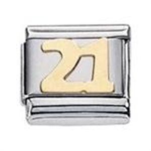 Zoppini goud cijfer 21.

Metaal     : staal / 18 karaat goud
Kleur       : geel goud
Maten     : 9 mm
Materiaal : Staal  ,Goud