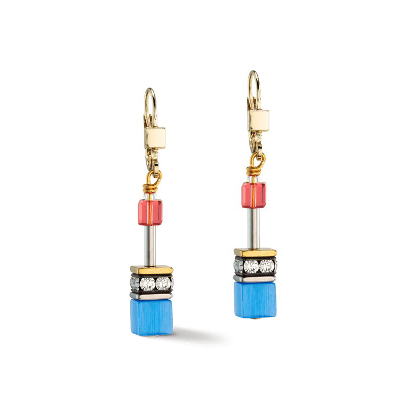 Coeur de Lion GeoCUBE oorhangers Iconic Classic 2838/20-1521 in goudkleur met blauw en rood. 