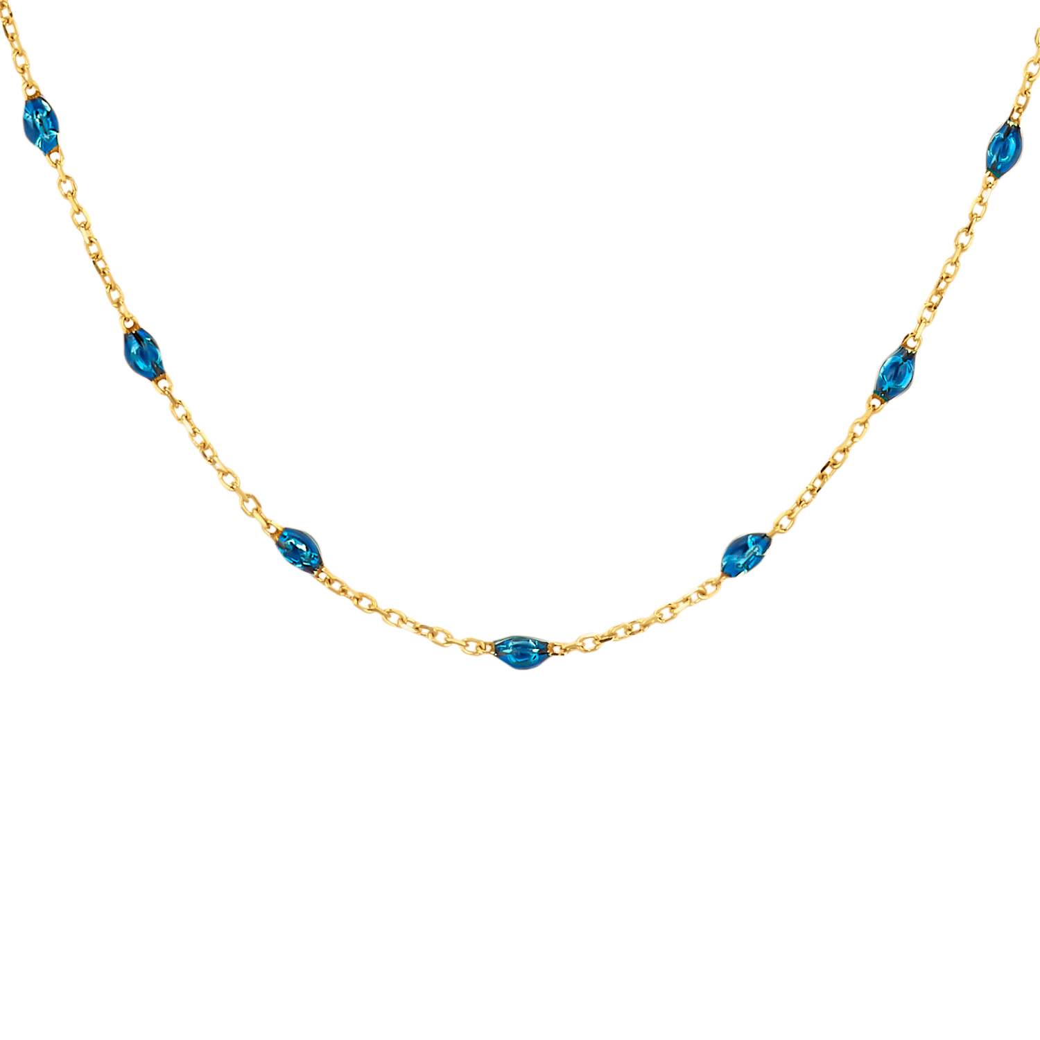 Blush - Geelgouden fantasie collier met blauwe resin tussenstukjes, 42cm - 3162YRB
