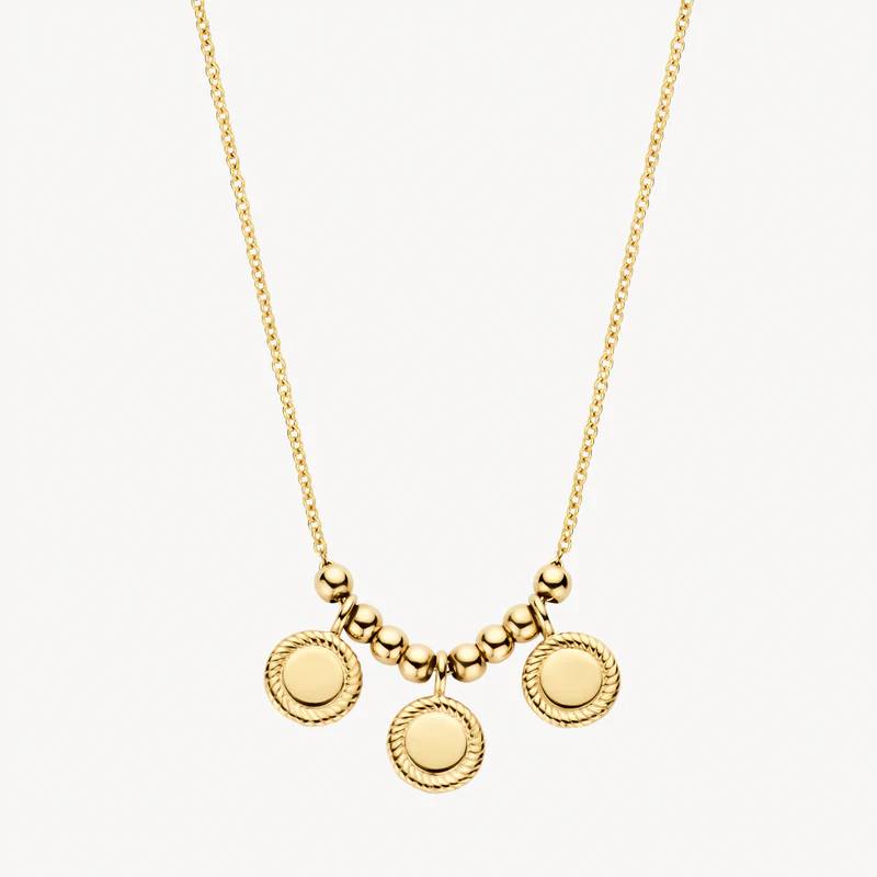 Een in het oog springend design met bolletjes en drie ronde hangers met koordmotief geeft dit collier van 14k geelgoud een prachtige uitstraling. Geweldig als blikvanger op zichzelf of in combinatie met andere sieraden uit onze collectie