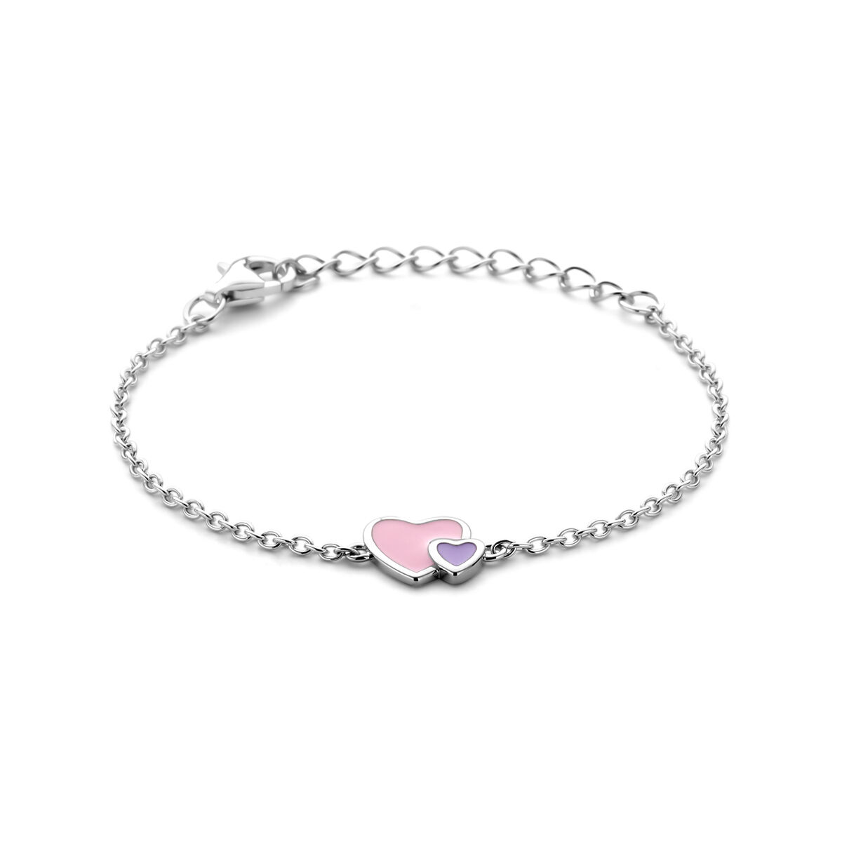 Gerhodineerd 925 zilveren armband uitgevoerd met twee harten, met roze en paars emaille. De armband heeft een draaglengte van 11cm met 3cm extensie. De schakelbreedte is 1.5mm. De armband heeft een karabijn sluiting.

