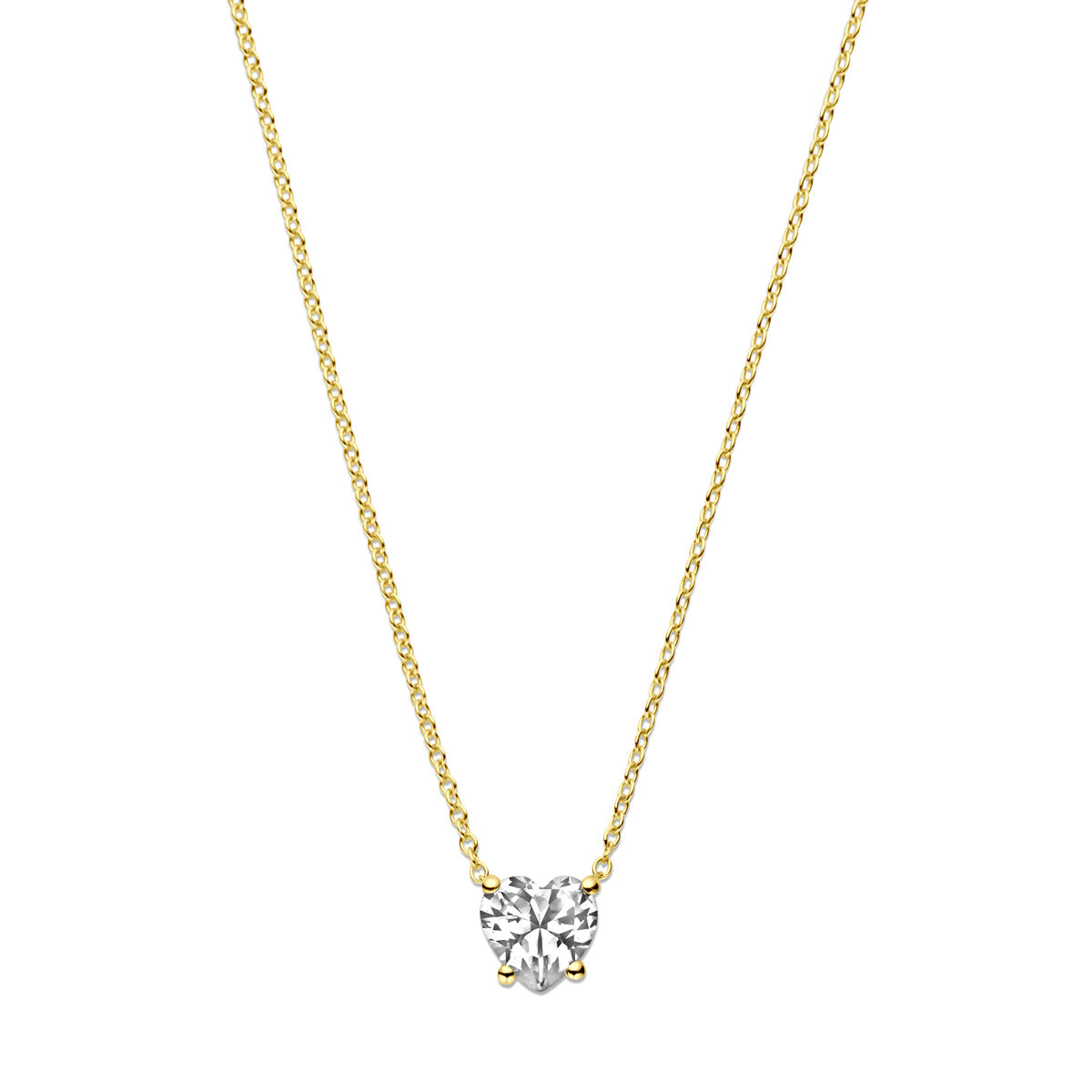 14k Geelgouden collier uitgevoerd met een hart zirkonia. Het collier heeft draaglengtes van 41, 43 en 45cm. Uitgevoerd met karabijn sluiting. De schakelbreedte is 1mm.