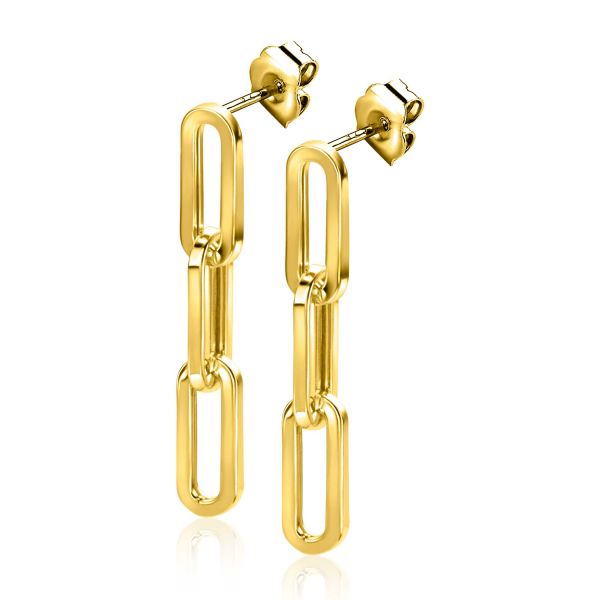 ZINZI Gold 14 karaat gouden oorstekers 34mm met drie trendy paperclip-schakels. Vervaardigd van geheel 14 karaat goud (585).
