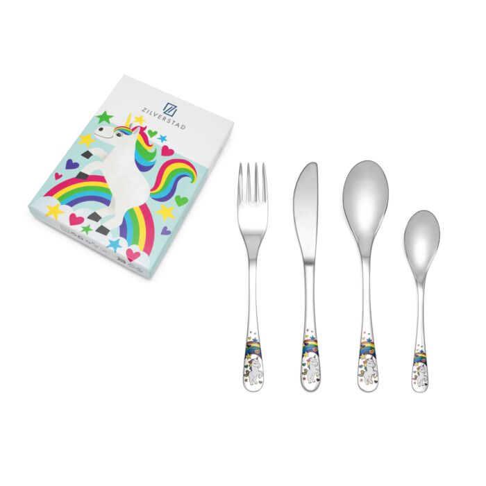 Zilverstad stalen kinderbestek eenhoorn gekleurd; vaatwasser bestendig.
Bij aankoop in de winkel wordt het bestek gratis gegraveerd met een naam of datum terwijl u wacht!