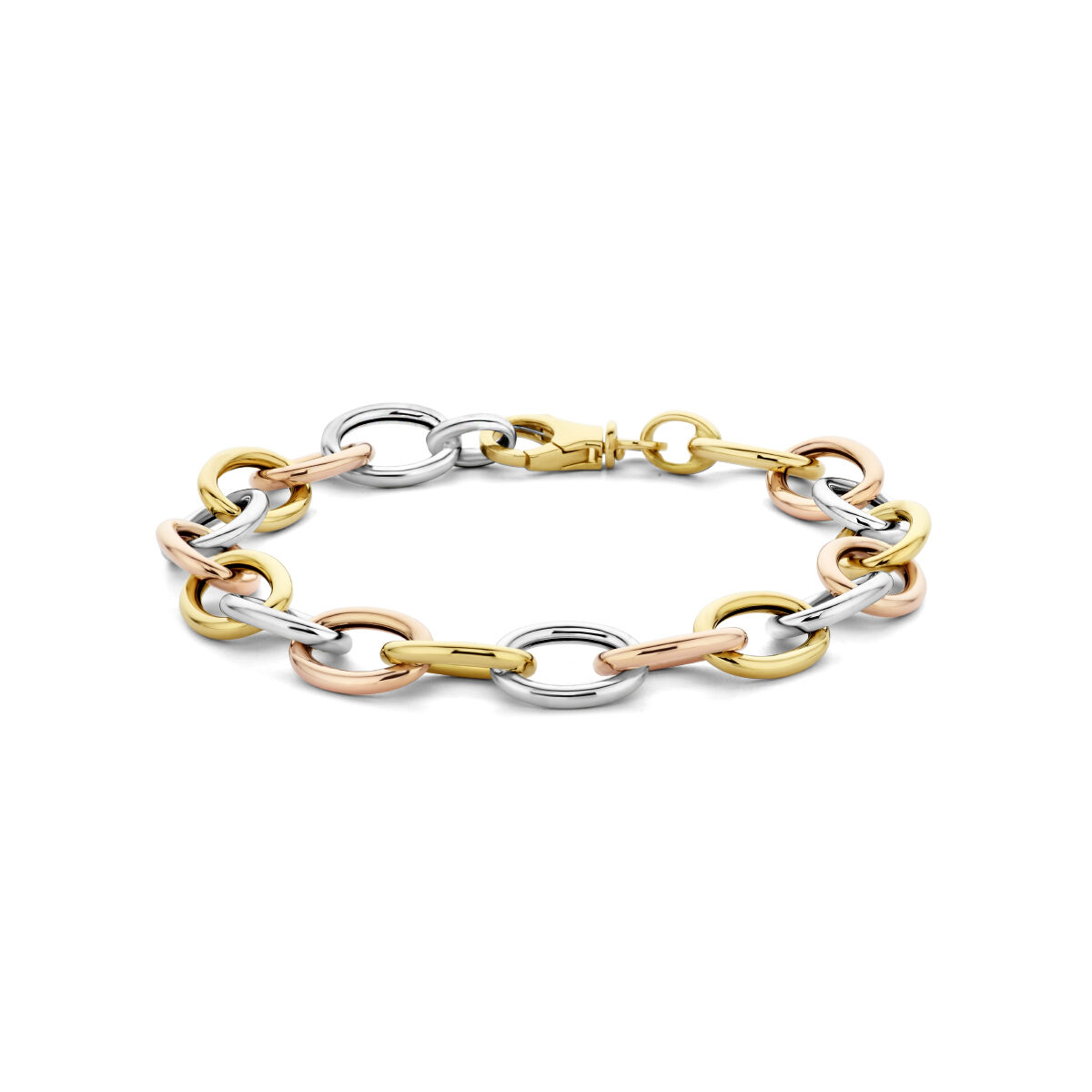 Prachtige tricolor 14krt gouden schakelarmband met ovalen schakels van 10mm. in doorsnede en een lengte van 19.5cm.