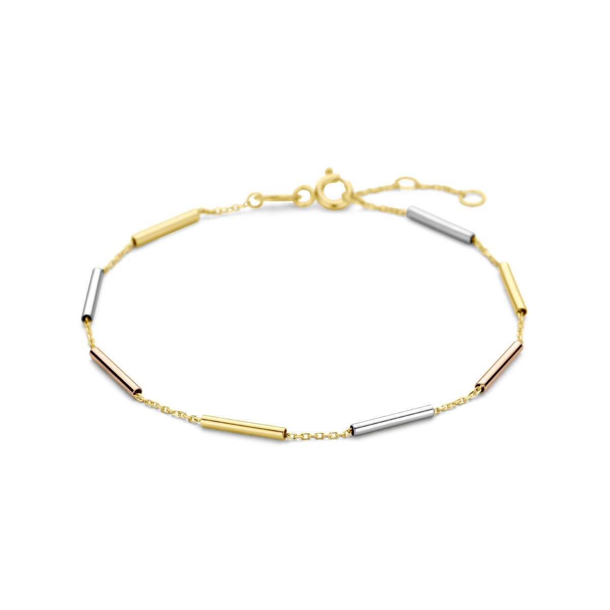 Tricolor gouden armband met buisjes, draaglengte 17-18-19cm.