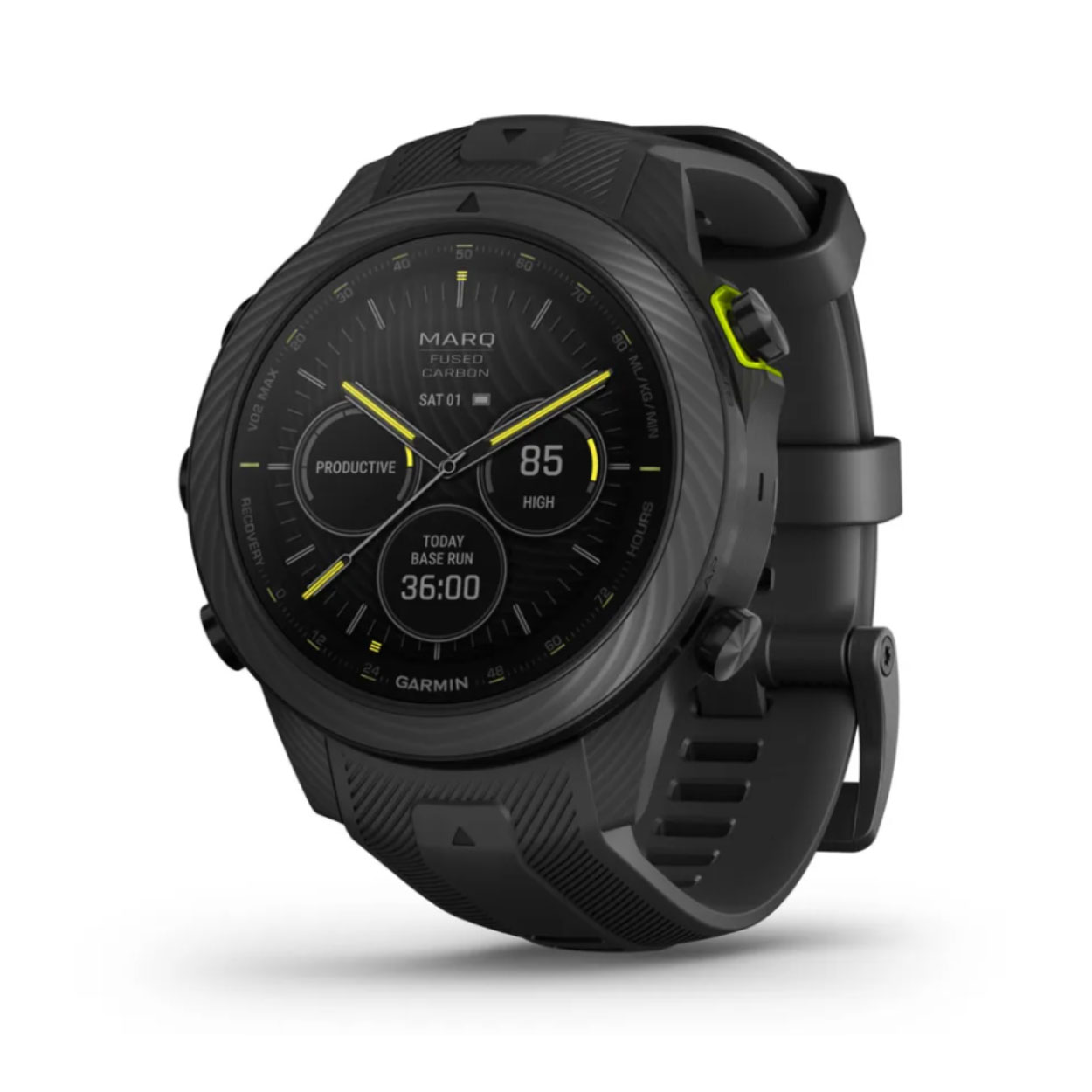 Deze Garmin smartwatch behoort tot MARQ Gen 2 collectie.

LEVERBAAR BINNEN 1 WEEK

Referentienummer: 010-02722-11

Garmin introduceert de tweede generatie van de bijzondere MARQ collectie. De vernieuwde lijn bestaat uit stijlvolle smartwatches die nog een stapje verder gaan dan de vorige generatie op het gebied van functionaliteit, schermresolutie en batterijduur.

Take your performance to the highest spot on the podium. MARQ® Athlete (Gen 2) – Carbon Edition is a modern tool watch like no other. The ultrastrong and lightweight case is machined from 130 layers of Fused Carbon Fiber™ material, which creates a unique pattern for every watch. A stunning AMOLED touchscreen display gives you up to 16 days of battery life in smartwatch mode and up to 42 hours in GPS mode. It comes with an HRM-Pro™ Plus heart rate strap, which provides accurate heart rate data plus running dynamics to help you fine-tune your form. Train with a variety of built-in sports apps, then push your limits with performance metrics and endurance tracking. Explore new routes with preloaded TopoActive maps that show where the locals run and ride. With the MARQ Athlete watch, victory is within your grasp. 