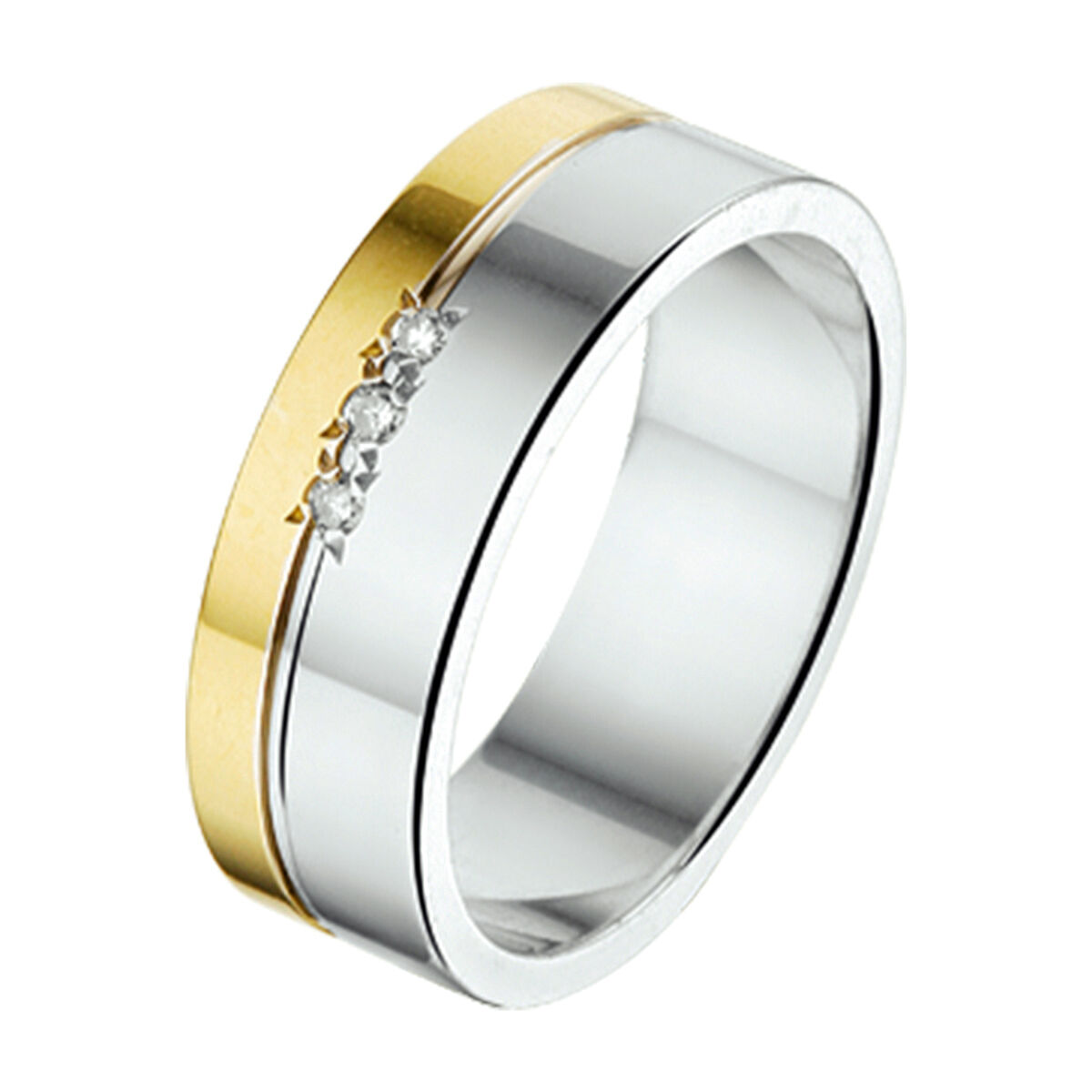 Prachtige trouwring in het geelgoud en zilver met een 0,03crt diamant.