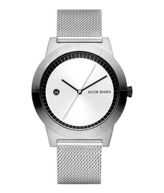  Dit Jacob Jensen herenhorloge heeft een kast van edelstaal en de horlogeband is van zilver edelstaal (Milanees)