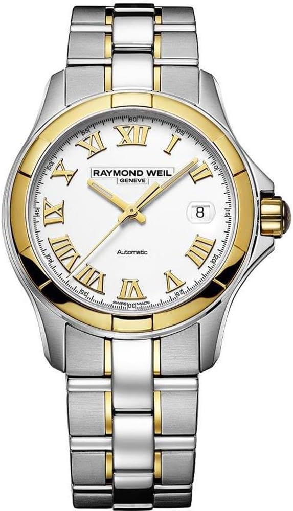 Raymond Weil Parsifal horloge. Stalen horlogeband en kast met 18 karaat gouden accenten. Witte wijzerplaat met romeinse cijfers en datumweergave. Mechanisch Zwitsers uurwerk Automaat.