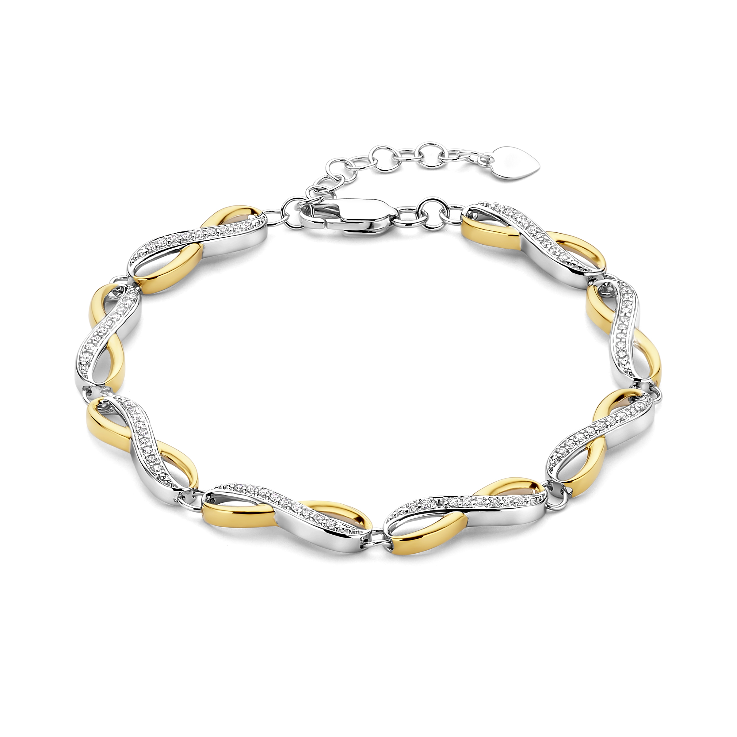 Zilver vergulde armband, infinity schakels, bicolor met zirkonia