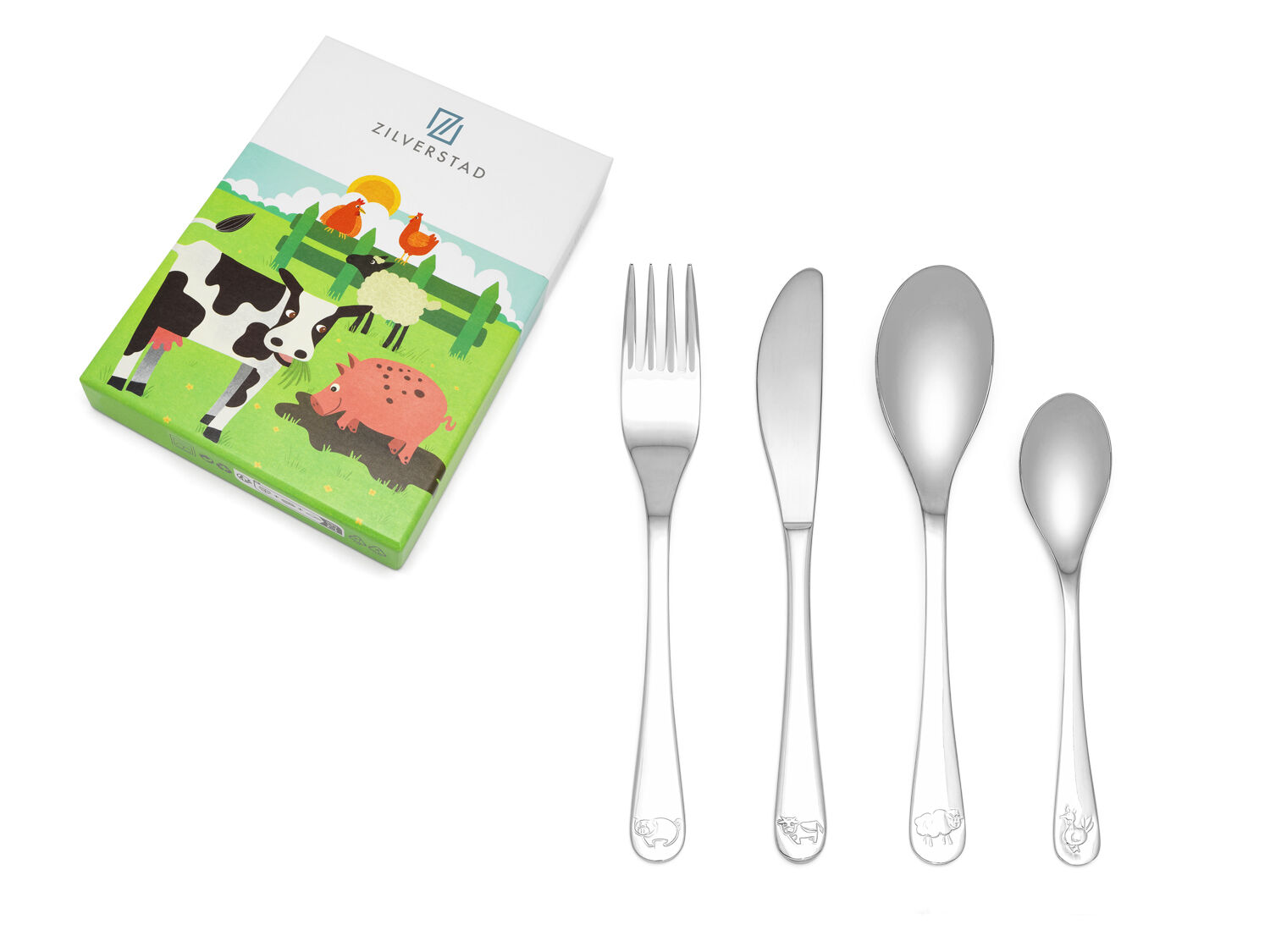 Kindercouvert Boerderijdieren4-delig bestaat uit vork, mes, eetleper en een desertlepel. De 4-delige roestvrijstalen kinderbestek wordt geleverd in een mooie geschenkdoos.
