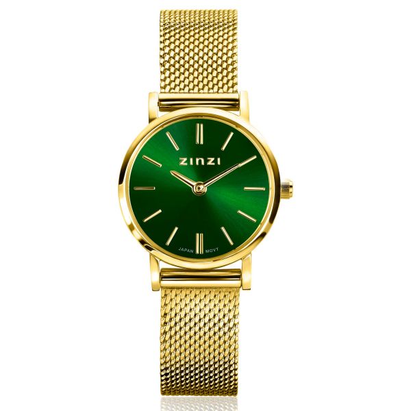 ZINZI Retro Mini horloge groene wijzerplaat, geelgoudkleurige kast en stalen mesh band, 24mm extra dun
