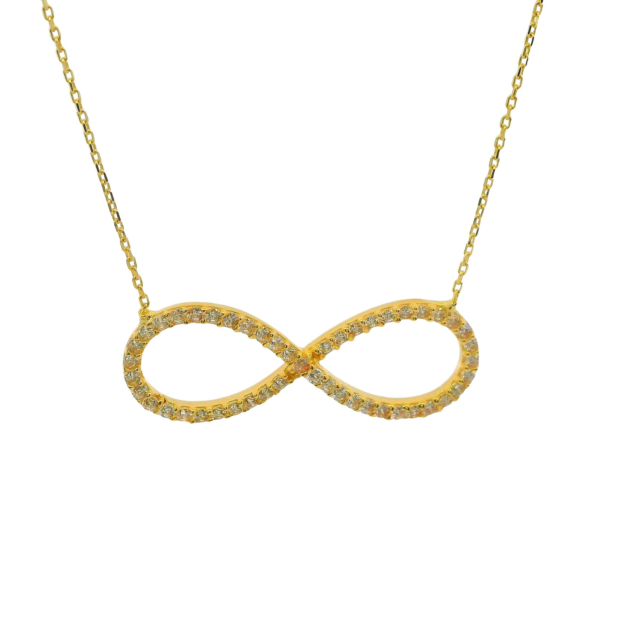  Deze hanger inclusief collier van Louis Bros is vervaardigd uit 14 karaat geelgoud (2.50 gr). Deze hanger infinity met zirkonia is prachtige hanger straalt tijdloze schoonheid uit en voegt een vleugje glamour toe aan elke outfit. De hanger is bezet met sprankelende zirkonia's en heeft een afmeting van(28x10mm) waardoor het een opvallend sieraad is dat zeker de aandacht zal trekken.