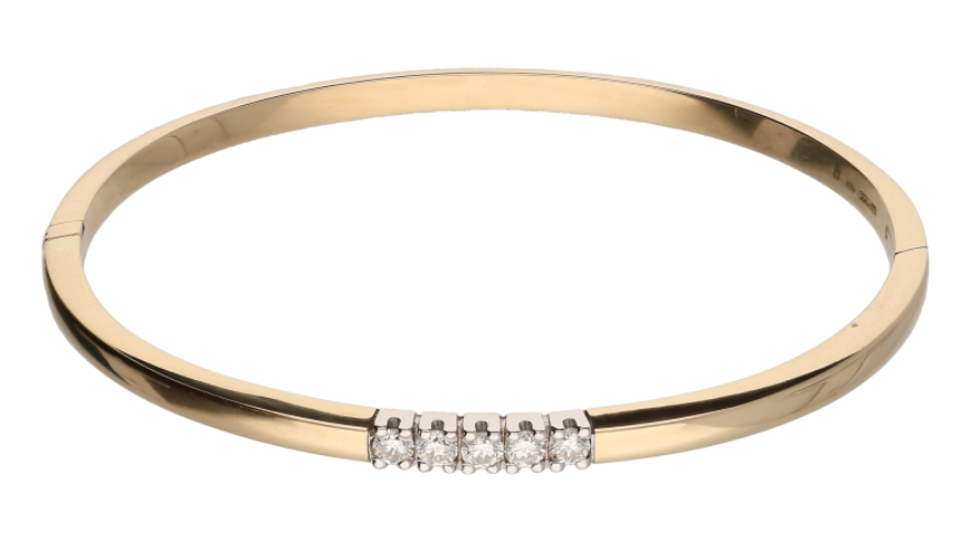 Gouden bangle met 5 diamanten (5x0.05ct. TW-VS), lengte 45cm.