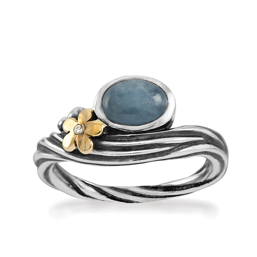 Rabinovich zilveren ring met 14kt. goud, aquamarijn en 0.005ct. diamant